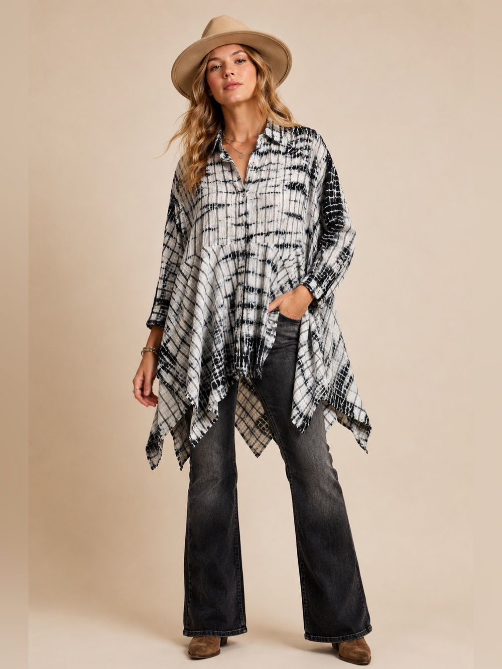 Tie Dye Fairy Hem Button Front Tunic Top Boho Lagenlook XL
